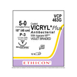 Ethicon COATED VICRYL Plus Antibacterial Suture, Size: 5-0, Needle: P-3, VIOLET, 12/bx. MPN: VCP463G