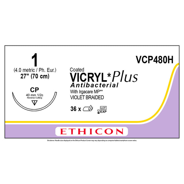 Ethicon COATED VICRYL Plus Antibacterial Suture, Size: 1, Needle: CP, VIOLET, 36/bx. MPN: VCP480H