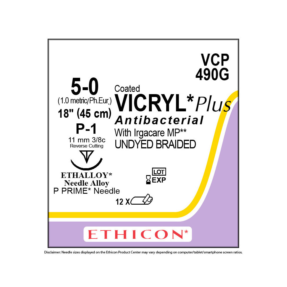 Ethicon COATED VICRYL Plus Antibacterial Suture, Size: 5-0, Needle: P-1, UNDYED, 12/bx. MPN: VCP490G