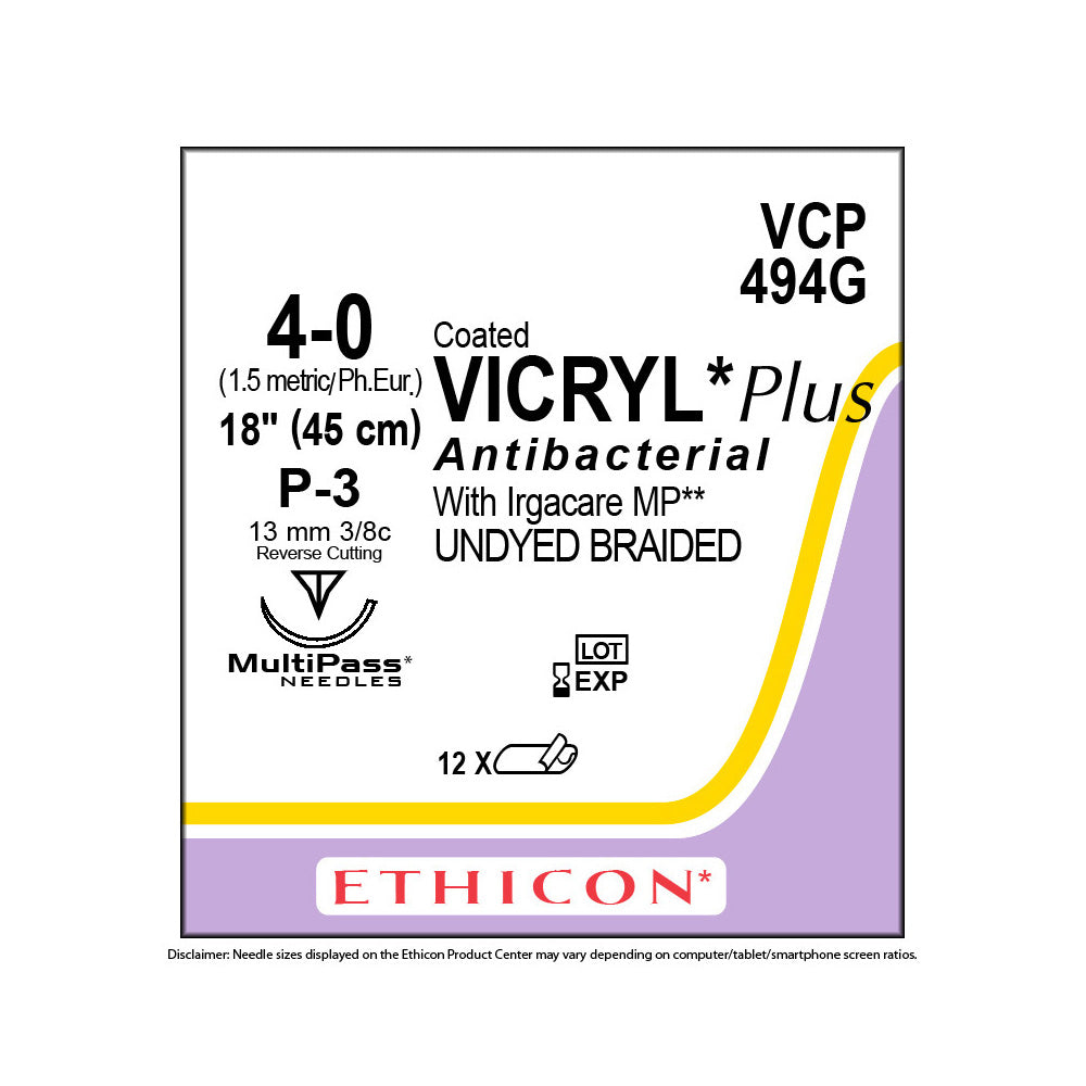 Ethicon COATED VICRYL Plus Antibacterial Suture, Size: 4-0, Needle: P-3, UNDYED, 12/bx. MPN: VCP494G