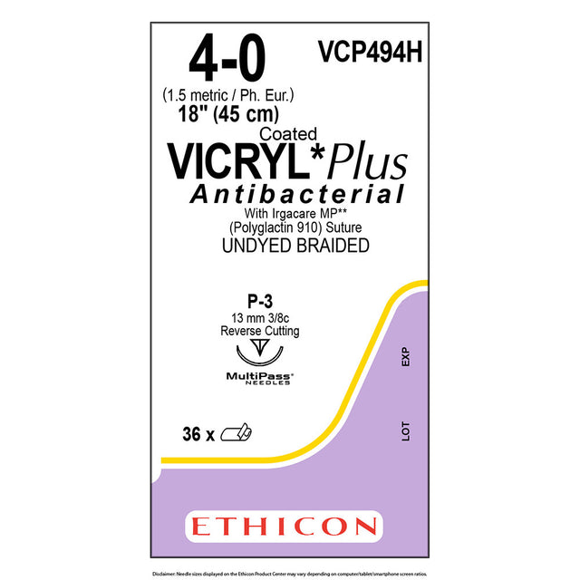 Ethicon COATED VICRYL Plus Antibacterial Suture, Size: 4-0, Needle: P-3, UNDYED, 36/bx. MPN: VCP494H