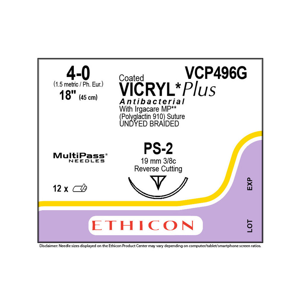 Ethicon COATED VICRYL Plus Antibacterial Suture, Size: 4-0, Needle: PS-2, UNDYED, 12/bx. MPN: VCP496ZG
