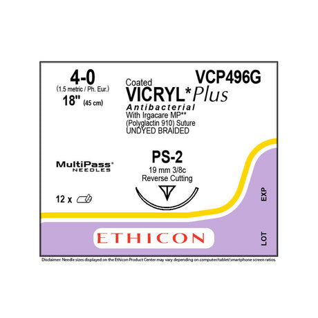 Ethicon COATED VICRYL Plus Antibacterial Suture, Size: 4-0, Needle: PS-2, UNDYED, 12/bx. MPN: VCP496ZG