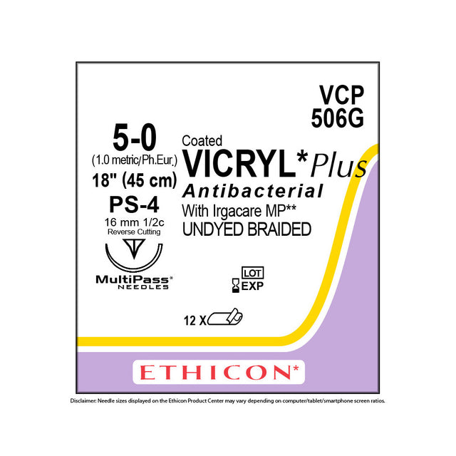 Ethicon COATED VICRYL Plus Antibacterial Suture, Size: 5-0, Needle: PS-4, UNDYED, 12/bx. MPN: VCP506G
