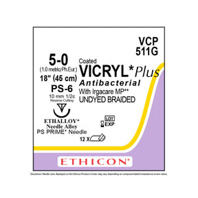 Ethicon COATED VICRYL Plus Antibacterial Suture, Size: 5-0, Needle: PS-6, UNDYED, 12/bx. MPN: VCP511G