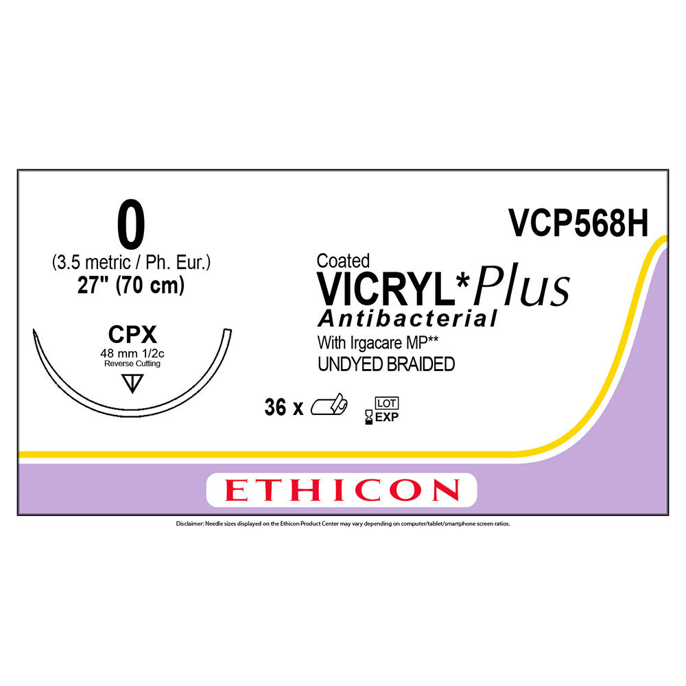 Ethicon COATED VICRYL Plus Antibacterial Suture, Size: 0, Needle: CPX, UNDYED, 36/bx. MPN: VCP568H