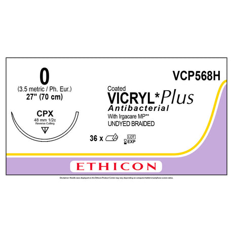 Ethicon COATED VICRYL Plus Antibacterial Suture, Size: 0, Needle: CPX, UNDYED, 36/bx. MPN: VCP568H