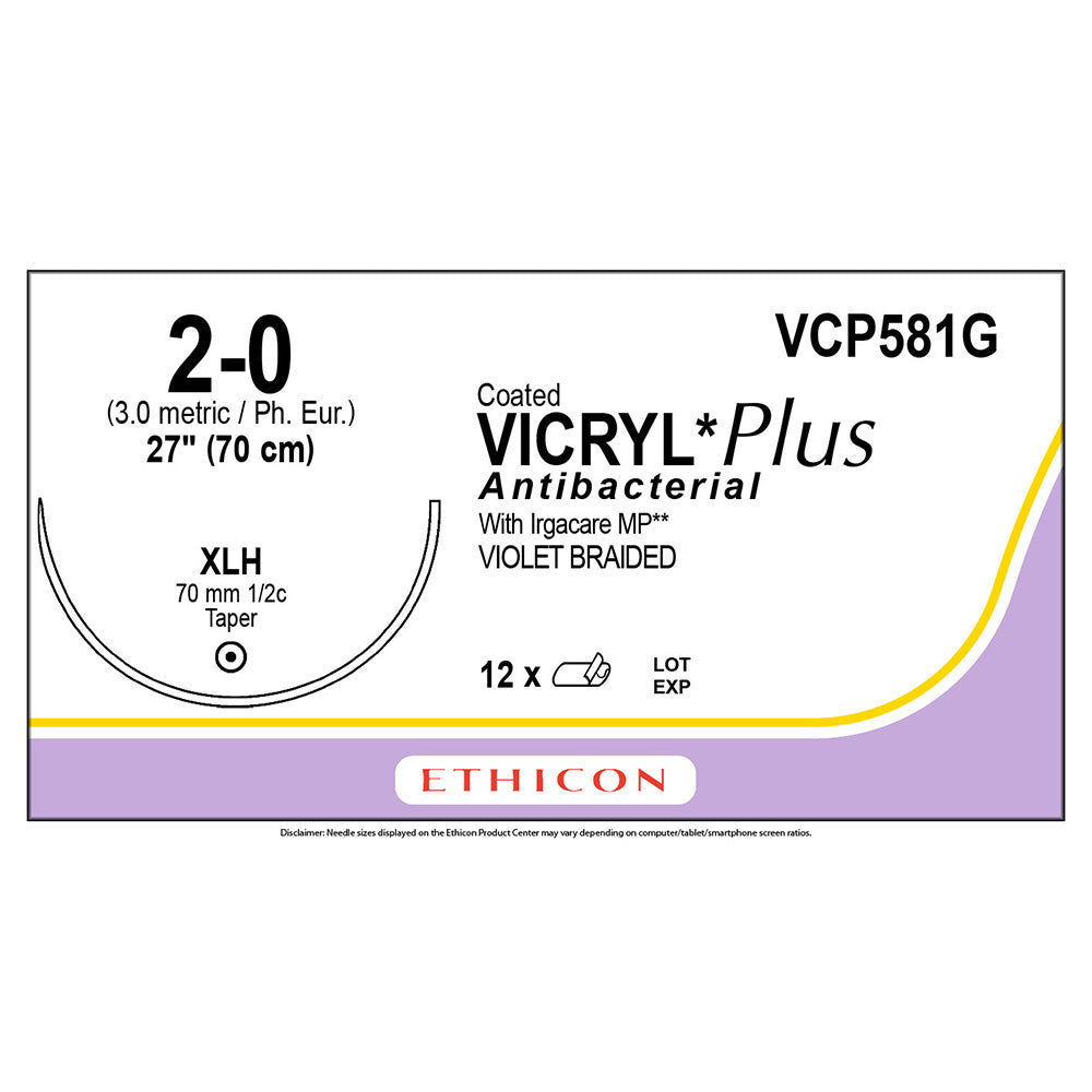 Ethicon COATED VICRYL Plus Antibacterial Suture, Size: 2-0, Needle: XLH, VIOLET, 12/bx. MPN: VCP581G