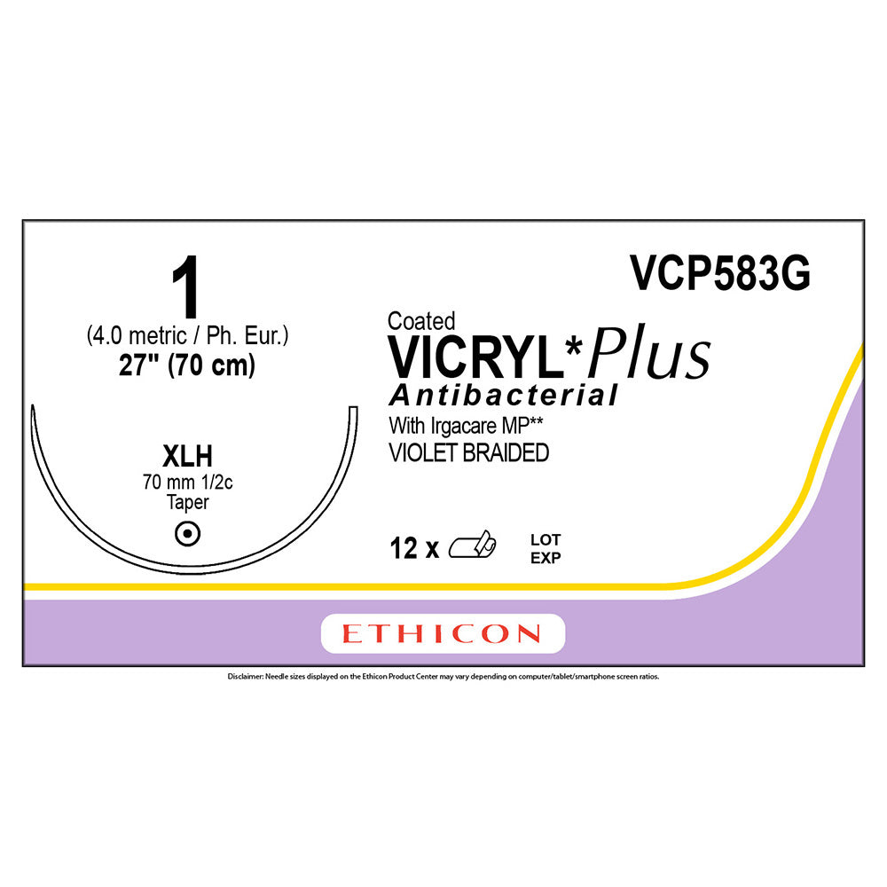 Ethicon COATED VICRYL Plus Antibacterial Suture, Size: 1, Needle: XLH, VIOLET, 12/bx. MPN: VCP583G