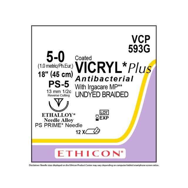 Ethicon COATED VICRYL Plus Antibacterial Suture, Size: 5-0, Needle: PS-5, UNDYED, 12/bx. MPN: VCP593G