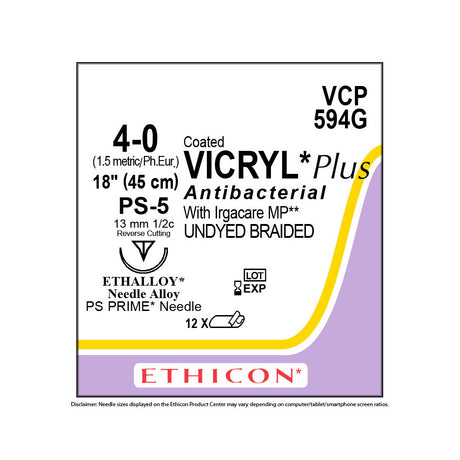 Ethicon COATED VICRYL Plus Antibacterial Suture, Size: 4-0, Needle: PS-5, UNDYED, 12/bx. MPN: VCP594G