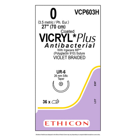 Ethicon COATED VICRYL Plus Antibacterial Suture, Size: 0, Needle: UR-6, VIOLET, 36/bx. MPN: VCP603H