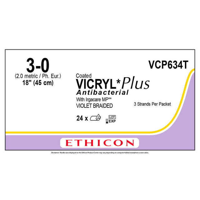 Ethicon COATED VICRYL Plus Antibacterial Suture, Size: 3-0, NO NEEDLE, VIOLET, 24/bx. MPN: VCP634T