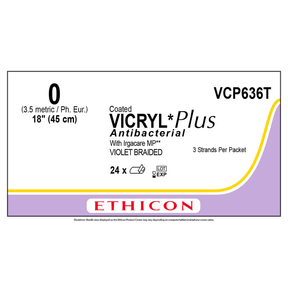 Ethicon COATED VICRYL Plus Antibacterial Suture, Size: 0, NO NEEDLE, VIOLET, 24/bx. MPN: VCP636T