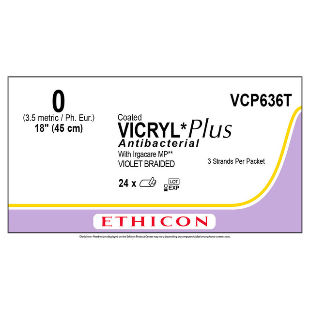 Ethicon COATED VICRYL Plus Antibacterial Suture, Size: 0, NO NEEDLE, VIOLET, 24/bx. MPN: VCP636T