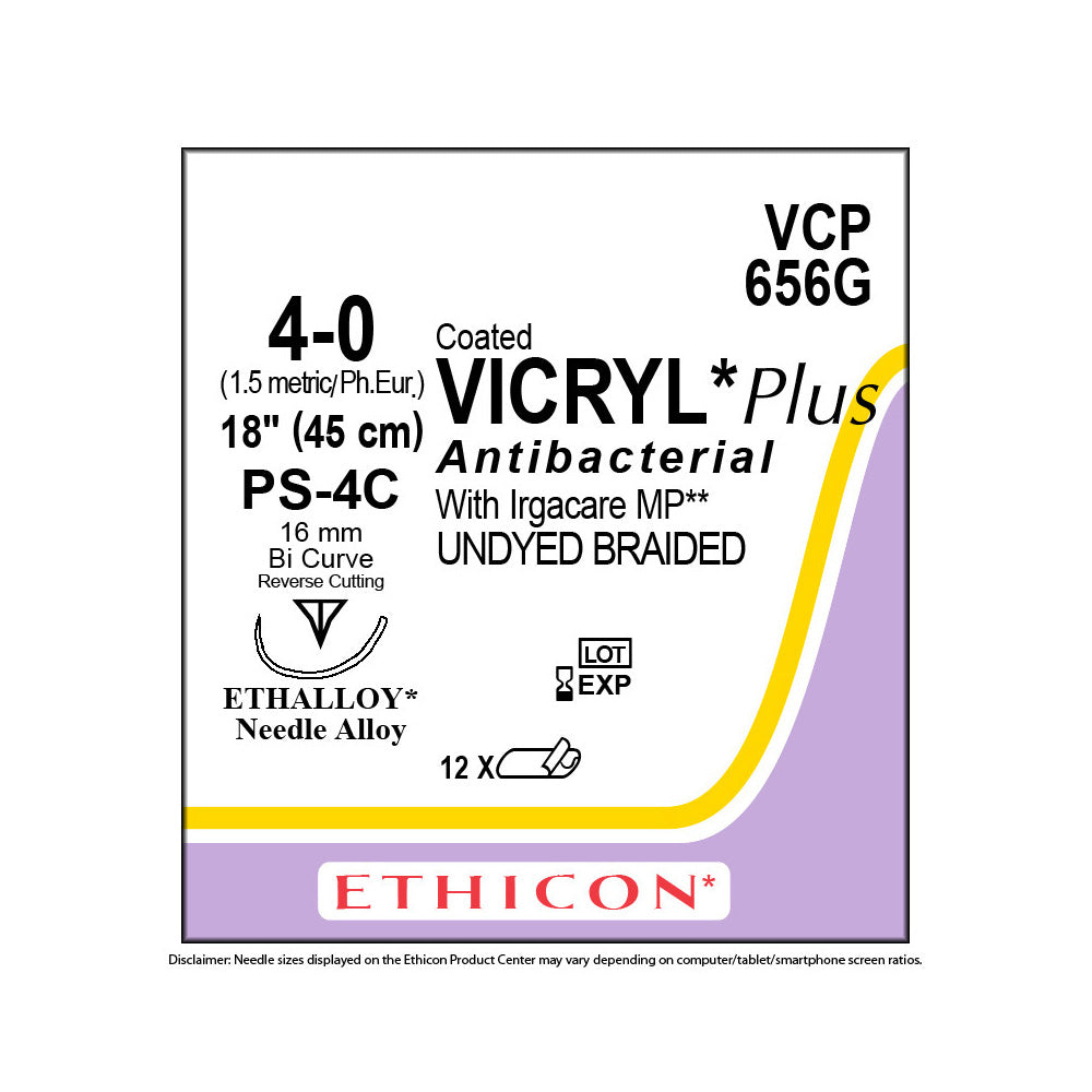 Ethicon COATED VICRYL Plus Antibacterial Suture, Size: 4-0, Needle: PS-4C, UNDYED, 12/bx. MPN: VCP656G