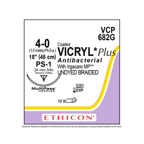 Ethicon COATED VICRYL Plus Antibacterial Suture, Size: 4-0, Needle: PS-1, UNDYED, 12/bx. MPN: VCP682G