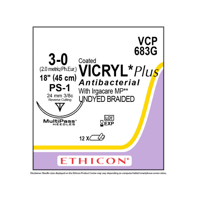 Ethicon COATED VICRYL Plus Antibacterial Suture, Size: 3-0, Needle: PS-1, UNDYED, 12/bx. MPN: VCP683G