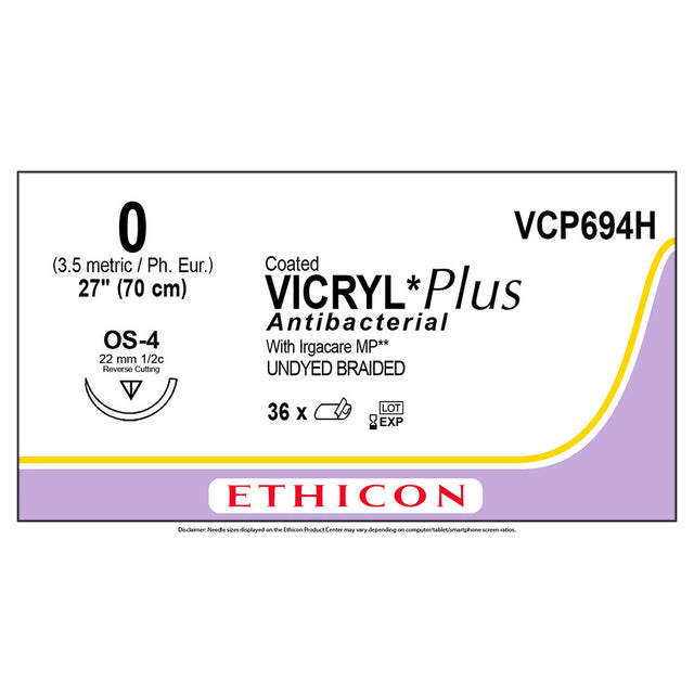 Ethicon COATED VICRYL Plus Antibacterial Suture, Size: 0, Needle: OS-4, UNDYED, 36/bx. MPN: VCP694H