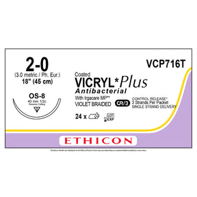 Ethicon COATED VICRYL Plus Antibacterial Suture, Size: 2-0, Needle: OS-8, VIOLET, 24/bx. MPN: VCP716T
