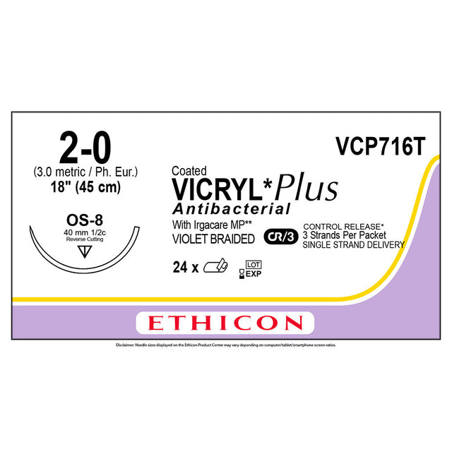 Ethicon COATED VICRYL Plus Antibacterial Suture, Size: 2-0, Needle: OS-8, VIOLET, 24/bx. MPN: VCP716T