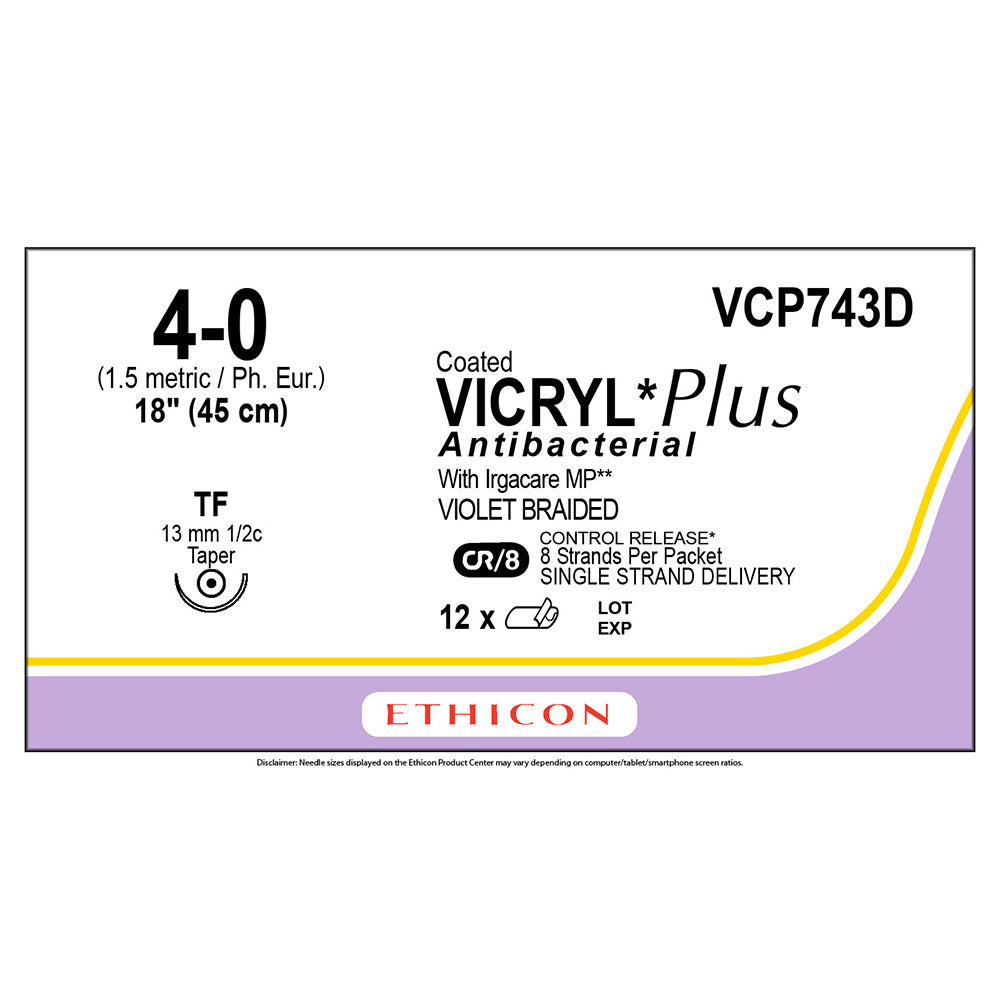 Ethicon COATED VICRYL Plus Antibacterial Suture, Size: 4-0, Needle: TF, VIOLET, 12/bx. MPN: VCP743D