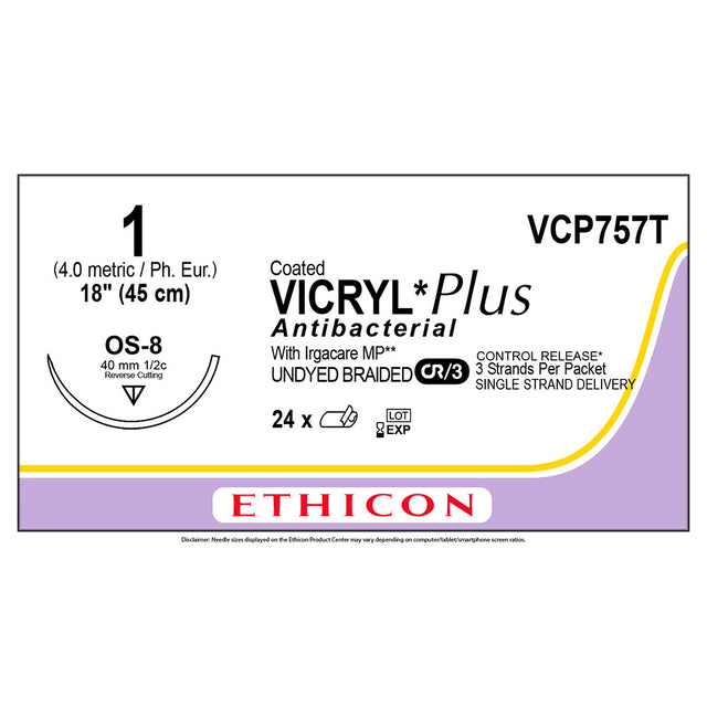 Ethicon COATED VICRYL Plus Antibacterial Suture, Size: 1, Needle: OS-8, UNDYED, 24/bx. MPN: VCP757T