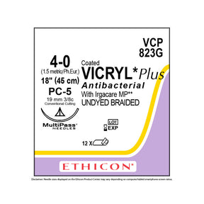 Ethicon COATED VICRYL Plus Antibacterial Suture, Size: 4-0, Needle: PC-5, UNDYED, 12/bx. MPN: VCP823G