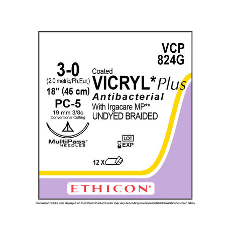 Ethicon COATED VICRYL Plus Antibacterial Suture, Size: 3-0, Needle: PC-5, UNDYED, 12/bx. MPN: VCP824G