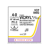 Ethicon COATED VICRYL Plus Antibacterial Suture, Size: 4-0, Needle: PC-3, UNDYED, 12/bx. MPN: VCP845G