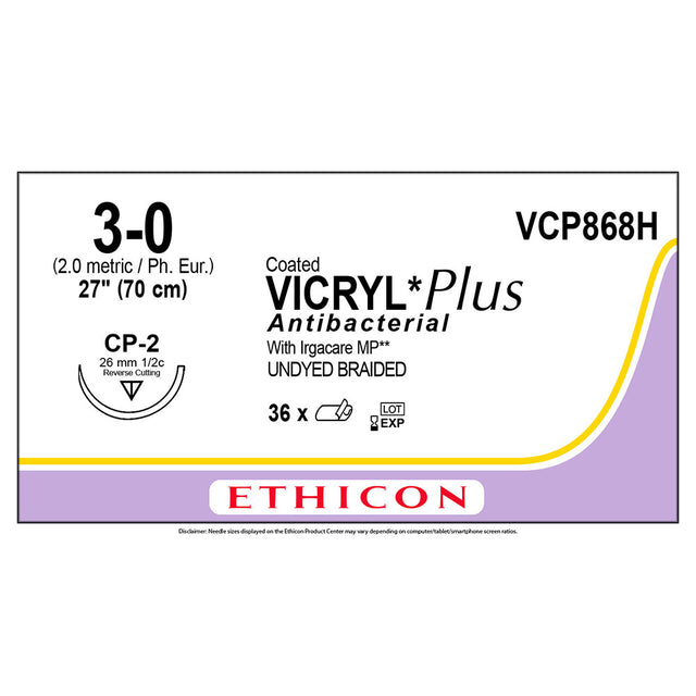 Ethicon COATED VICRYL Plus Antibacterial Suture, Size: 3-0, Needle: CP-2, UNDYED, 36/bx. MPN: VCP868H
