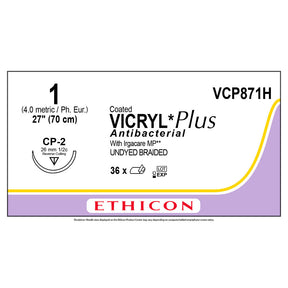 Ethicon COATED VICRYL Plus Antibacterial Suture, Size: 1, Needle: CP-2, UNDYED, 36/bx. MPN: VCP871H