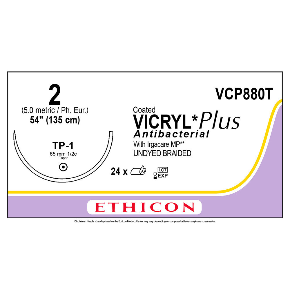 Ethicon COATED VICRYL Plus Antibacterial Suture, Size: 2, Needle: TP-1, UNDYED, 24/bx. MPN: VCP880T