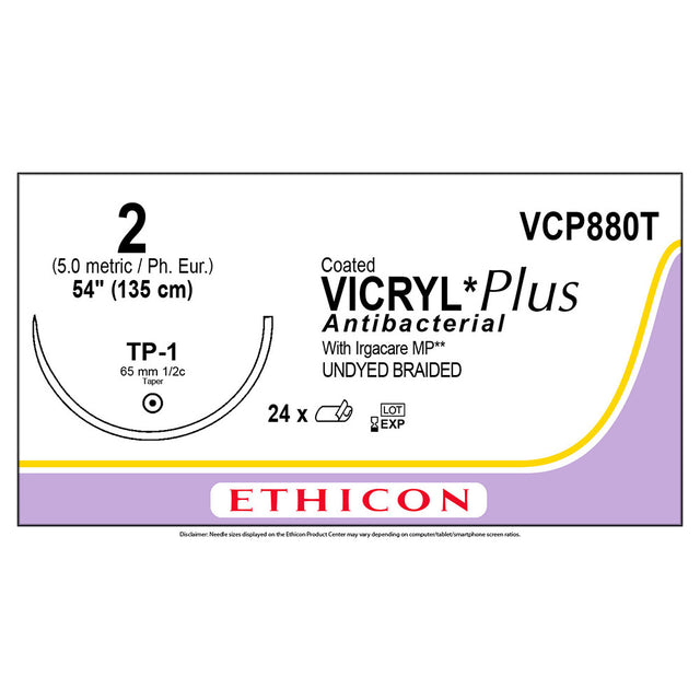 Ethicon COATED VICRYL Plus Antibacterial Suture, Size: 2, Needle: TP-1, UNDYED, 24/bx. MPN: VCP880T