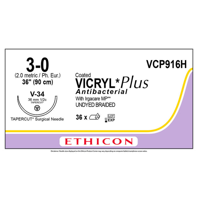 Ethicon COATED VICRYL Plus Antibacterial Suture, Size: 3-0, Needle: V-34, UNDYED, 36/bx. MPN: VCP916H