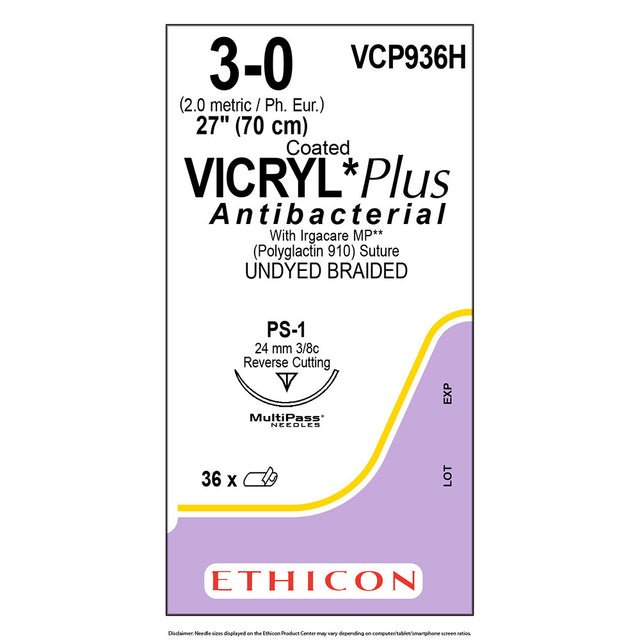 Ethicon COATED VICRYL Plus Antibacterial Suture, Size: 3-0, Needle: PS-1, UNDYED, 36/bx. MPN: VCP936H