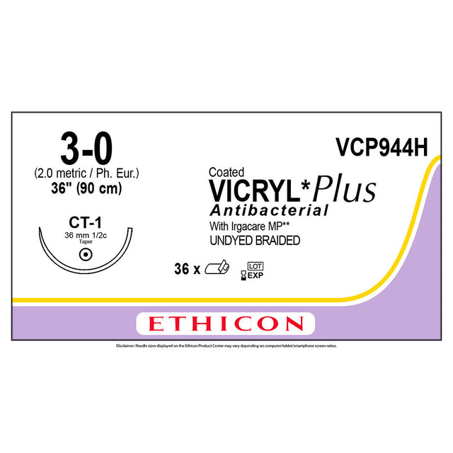 Ethicon COATED VICRYL Plus Antibacterial Suture, Size: 3-0, Needle: CT-1, UNDYED, 36/bx. MPN: VCP944H