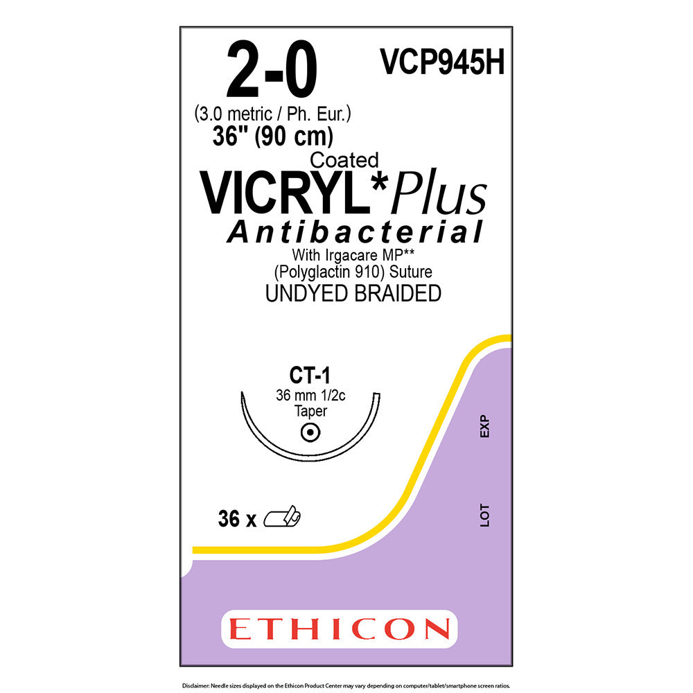 Ethicon COATED VICRYL Plus Antibacterial Suture, Size: 2-0, Needle: CT-1, UNDYED, 36/bx. MPN: VCP945H
