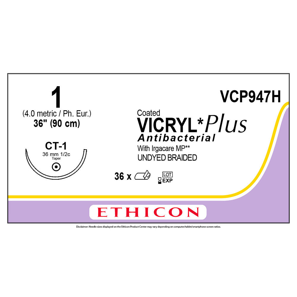 Ethicon COATED VICRYL Plus Antibacterial Suture, Size: 1, Needle: CT-1, UNDYED, 36/bx. MPN: VCP947H