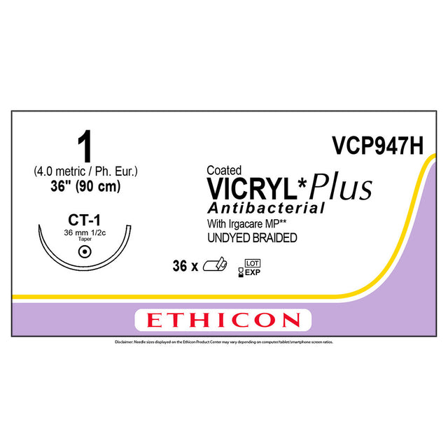 Ethicon COATED VICRYL Plus Antibacterial Suture, Size: 1, Needle: CT-1, UNDYED, 36/bx. MPN: VCP947H