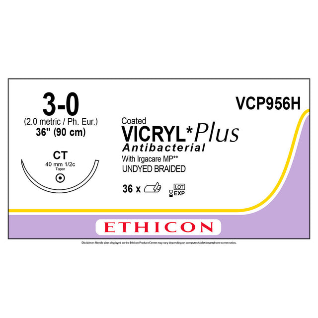 Ethicon COATED VICRYL Plus Antibacterial Suture, Size: 3-0, Needle: CT, UNDYED, 36/bx. MPN: VCP956H