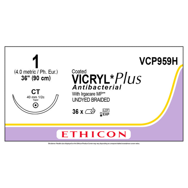 Ethicon COATED VICRYL Plus Antibacterial Suture, Size: 1, Needle: CT, UNDYED, 36/bx. MPN: VCP959H