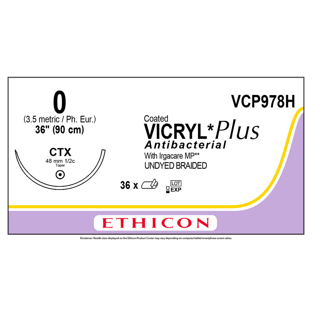 Ethicon COATED VICRYL Plus Antibacterial Suture, Size: 0, Needle: CTX, UNDYED, 36/bx. MPN: VCP978H