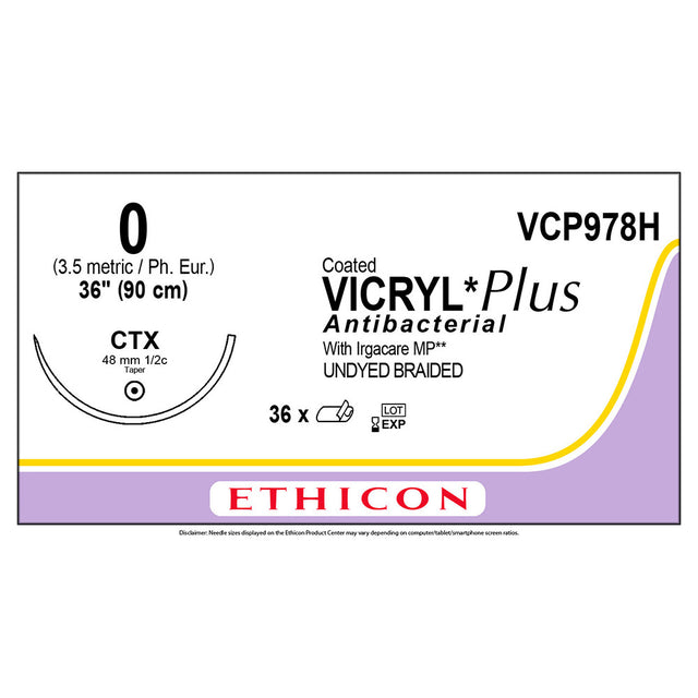 Ethicon COATED VICRYL Plus Antibacterial Suture, Size: 0, Needle: CTX, UNDYED, 36/bx. MPN: VCP978H