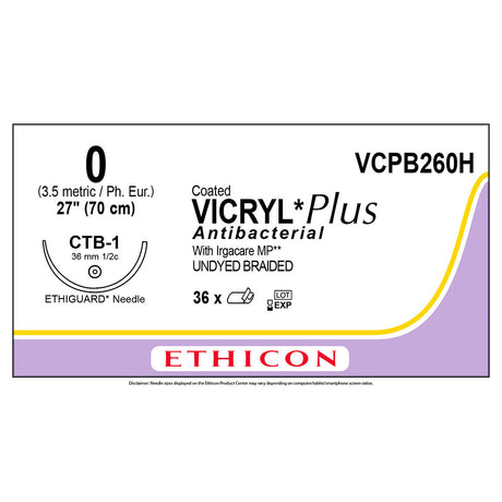 Ethicon COATED VICRYL Plus Antibacterial Suture, Size: 0, Needle: CTB-1, UNDYED, 36/bx. MPN: VCPB260H
