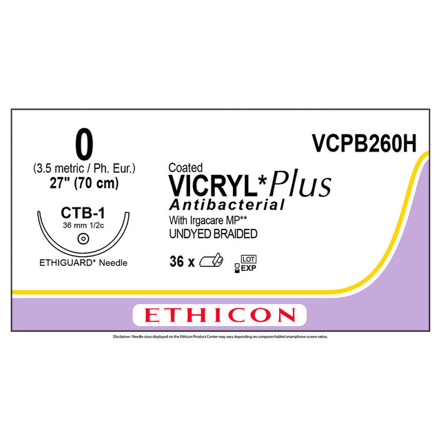 Ethicon COATED VICRYL Plus Antibacterial Suture, Size: 0, Needle: CTB-1, UNDYED, 36/bx. MPN: VCPB260H