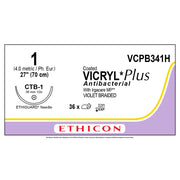 Ethicon COATED VICRYL Plus Antibacterial Suture, Size: 1, Needle: CTB-1, VIOLET, 36/bx. MPN: VCPB341H