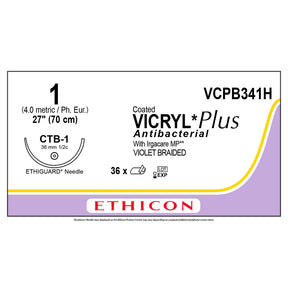 Ethicon COATED VICRYL Plus Antibacterial Suture, Size: 1, Needle: CTB-1, VIOLET, 36/bx. MPN: VCPB341H