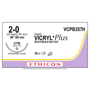 Ethicon COATED VICRYL Plus Antibacterial Suture, Size: 2-0, Needle: CTB, VIOLET, 36/bx. MPN: VCPB357H