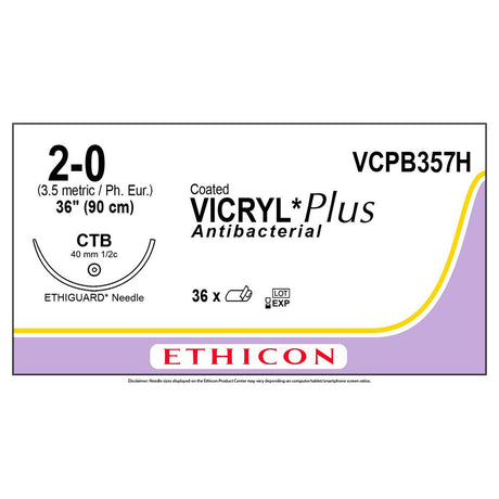 Ethicon COATED VICRYL Plus Antibacterial Suture, Size: 2-0, Needle: CTB, VIOLET, 36/bx. MPN: VCPB357H